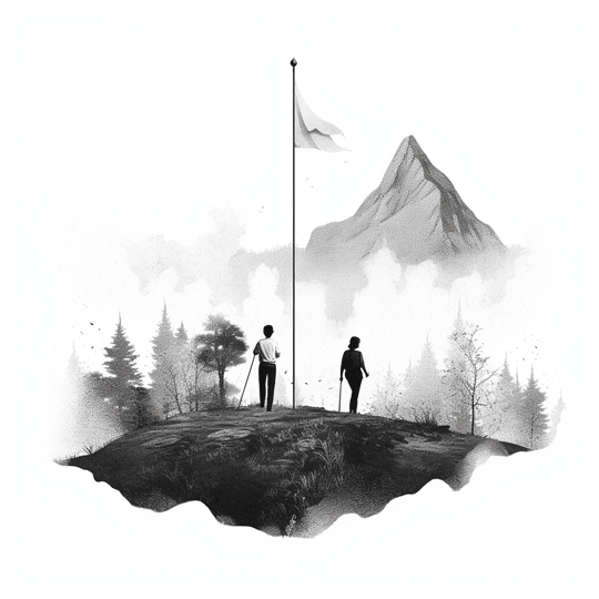 Dessin au crayon représentant un homme et une femme au somme d'une colline, regardant au loin une montagne.
