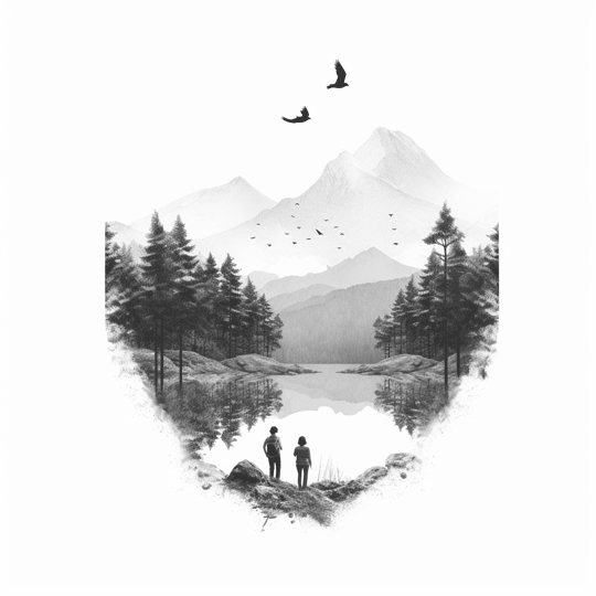 Dessin au crayon représentant un homme et une femme au bord d'un lac, regardant au loin une montagne.