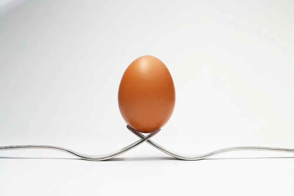 Photo d'un œuf en équilibre entre deux fourchettes.
